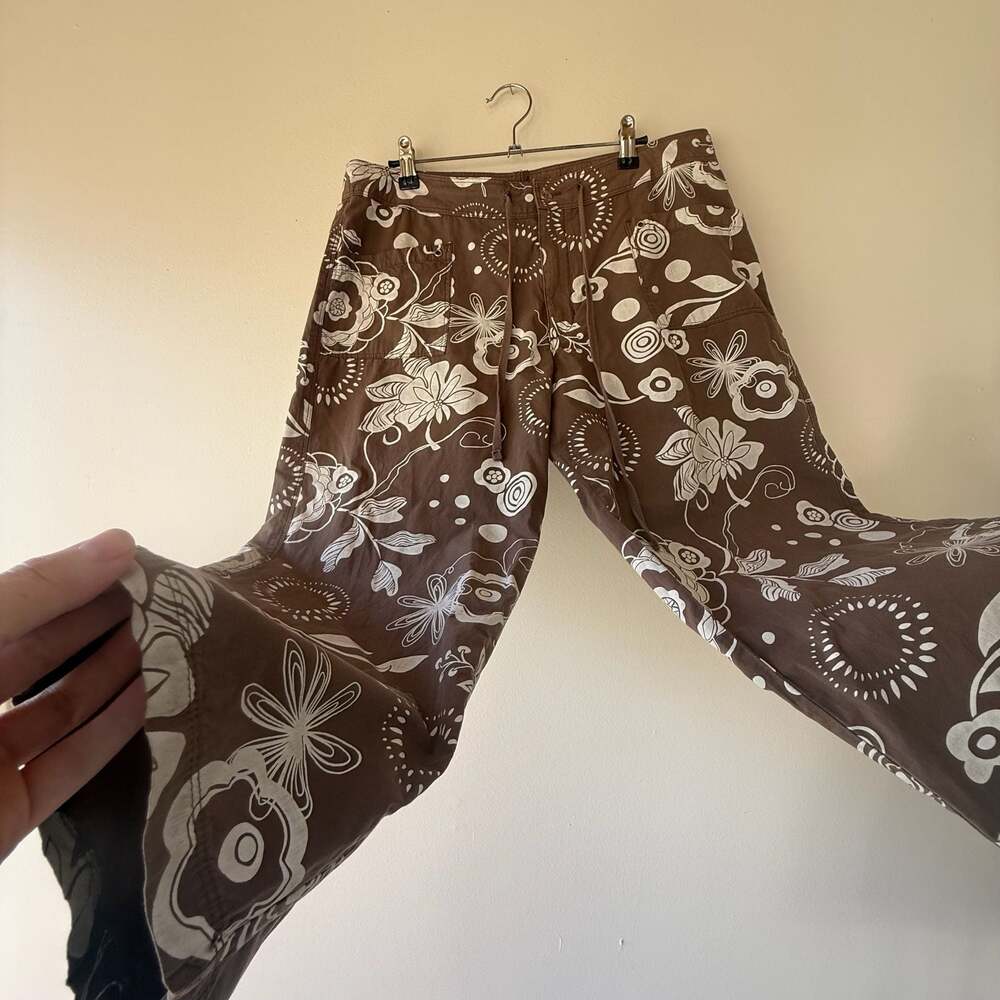 Vintage Y2K Brown Floral Cotton Wide Leg Cropped Capri Pants